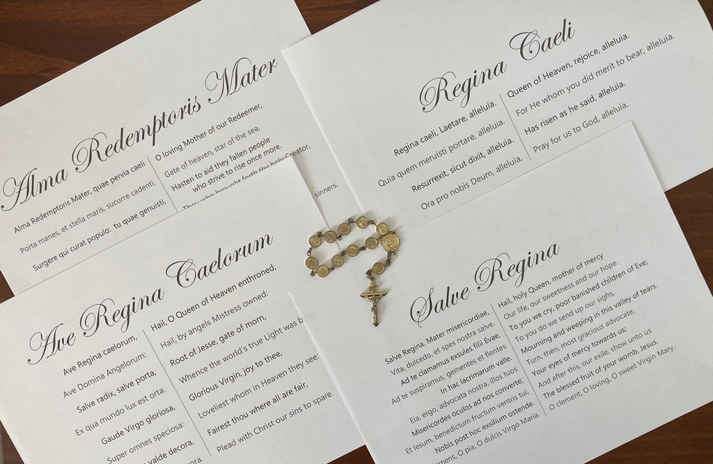 Four printed pages of visual aids for the Marian Antiphons in both Latin and English