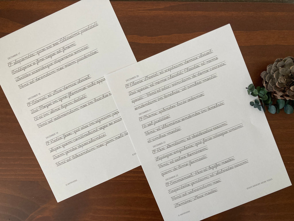 Printed black and white cursive copywork with tracing for Latin O Antiphons