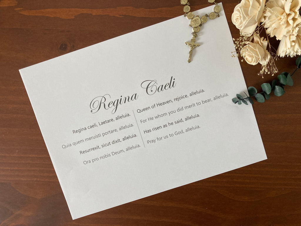 Printed black and white Regina Caeli in Latin and English