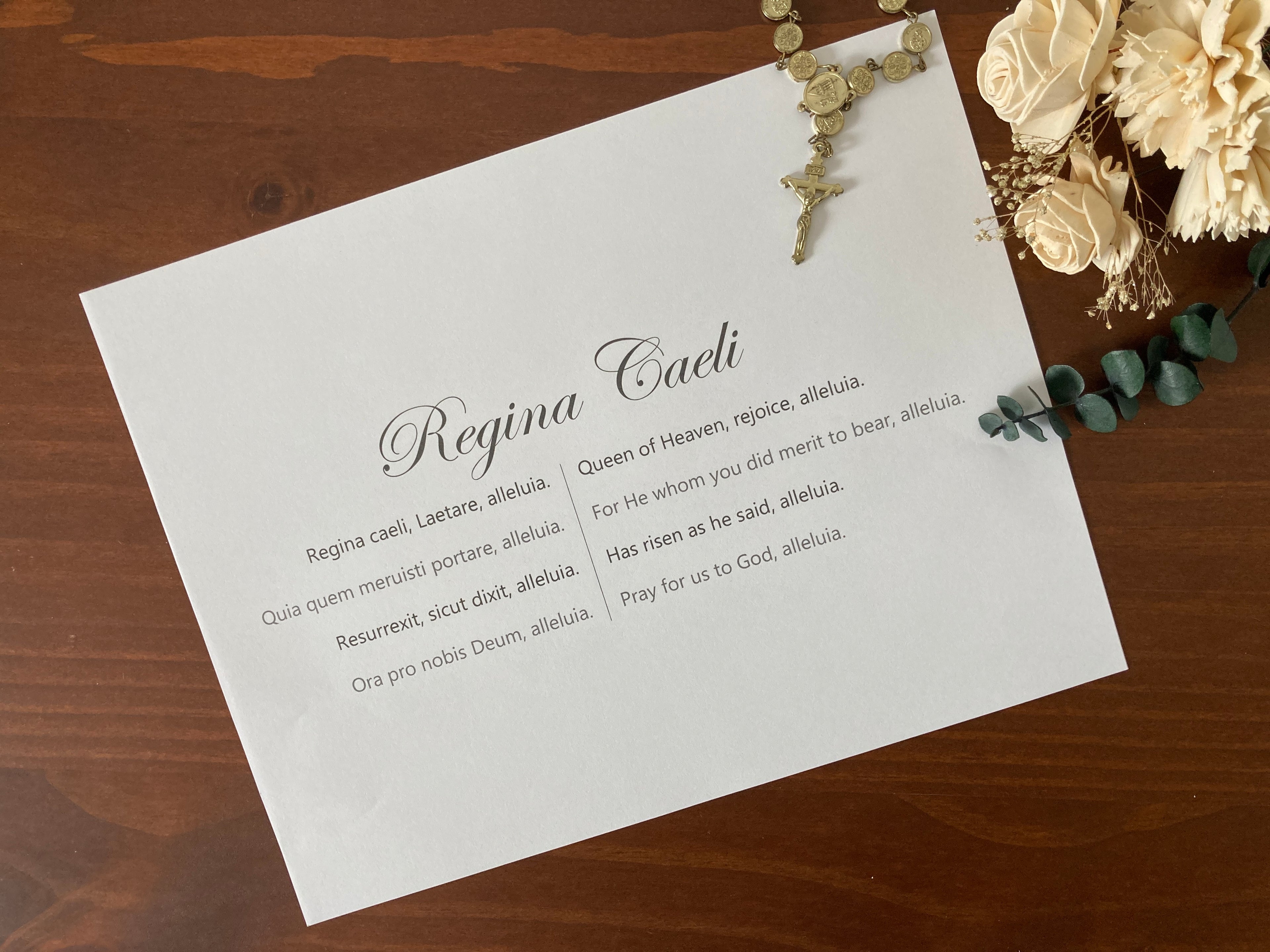 Printed black and white Regina Caeli in Latin and English