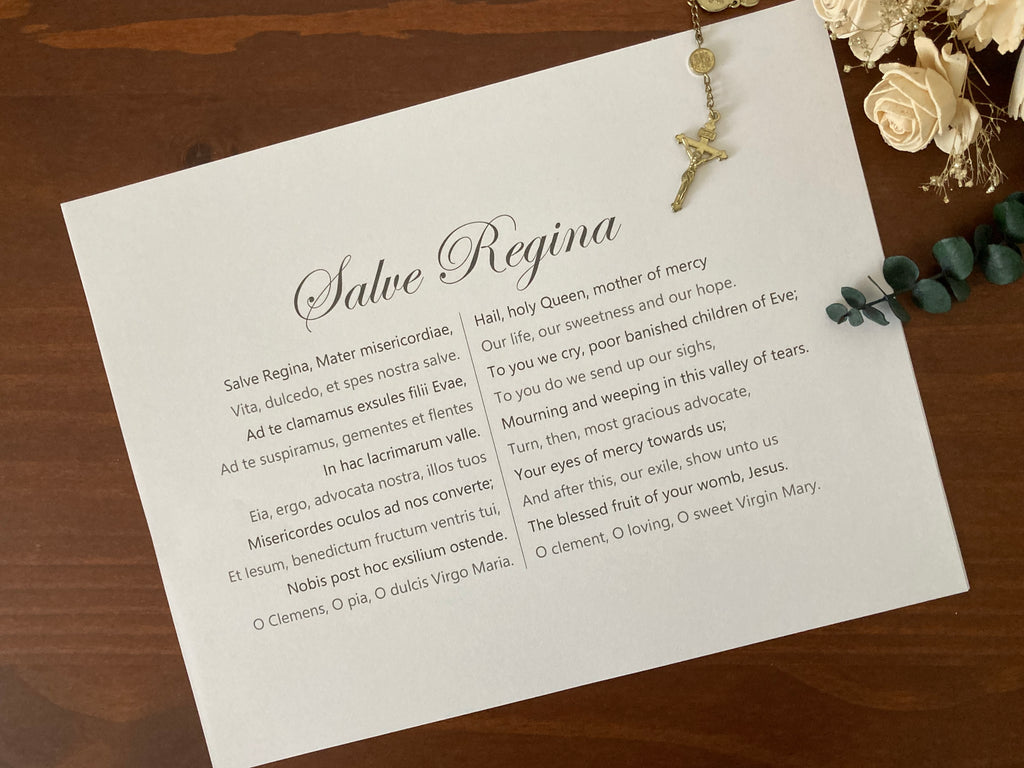 Printed black and white Salve Regina Marian Antiphon with Latin and English