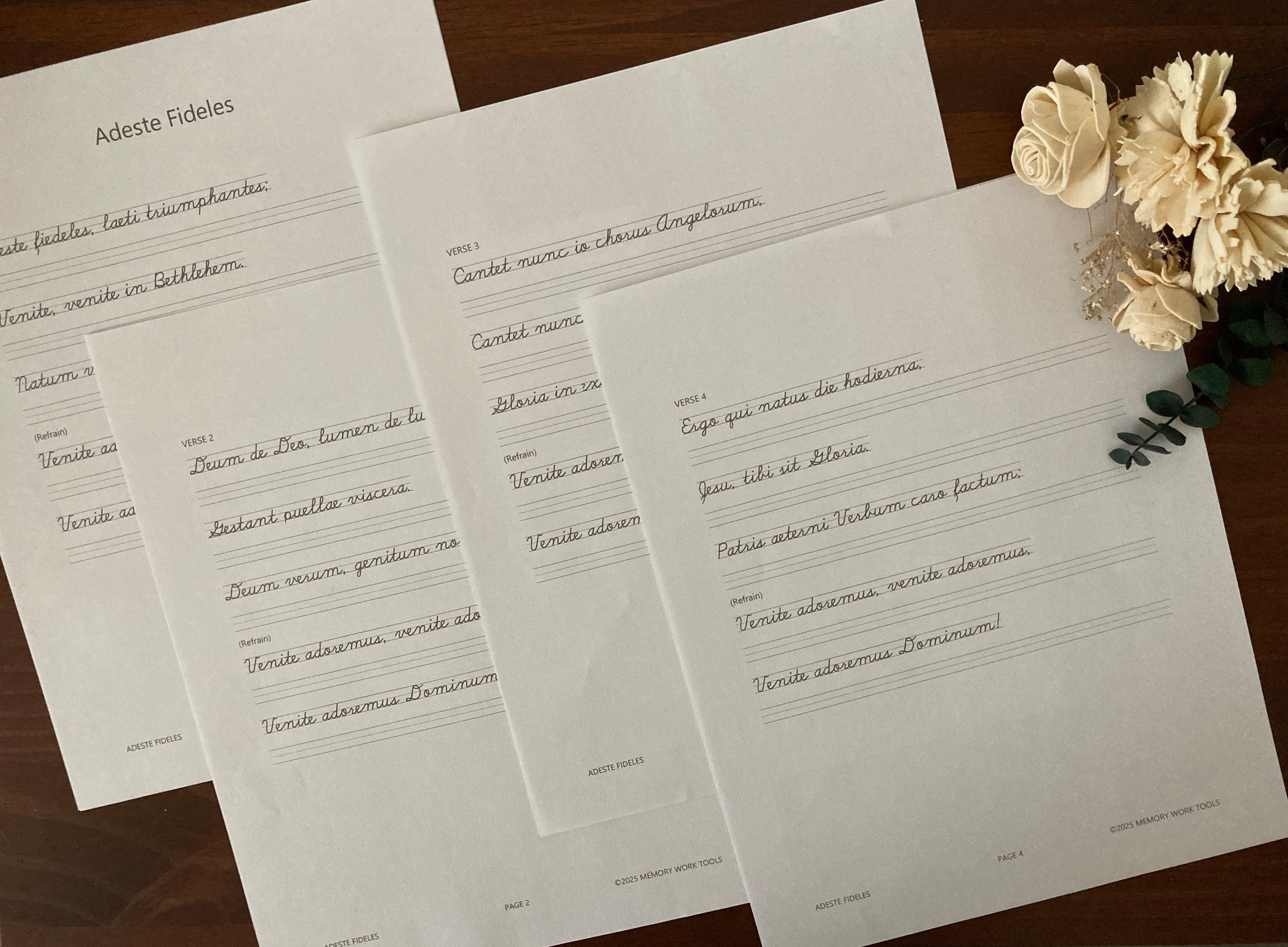 Cursive copywork printed black and white for Latin hymn Adeste Fideles 