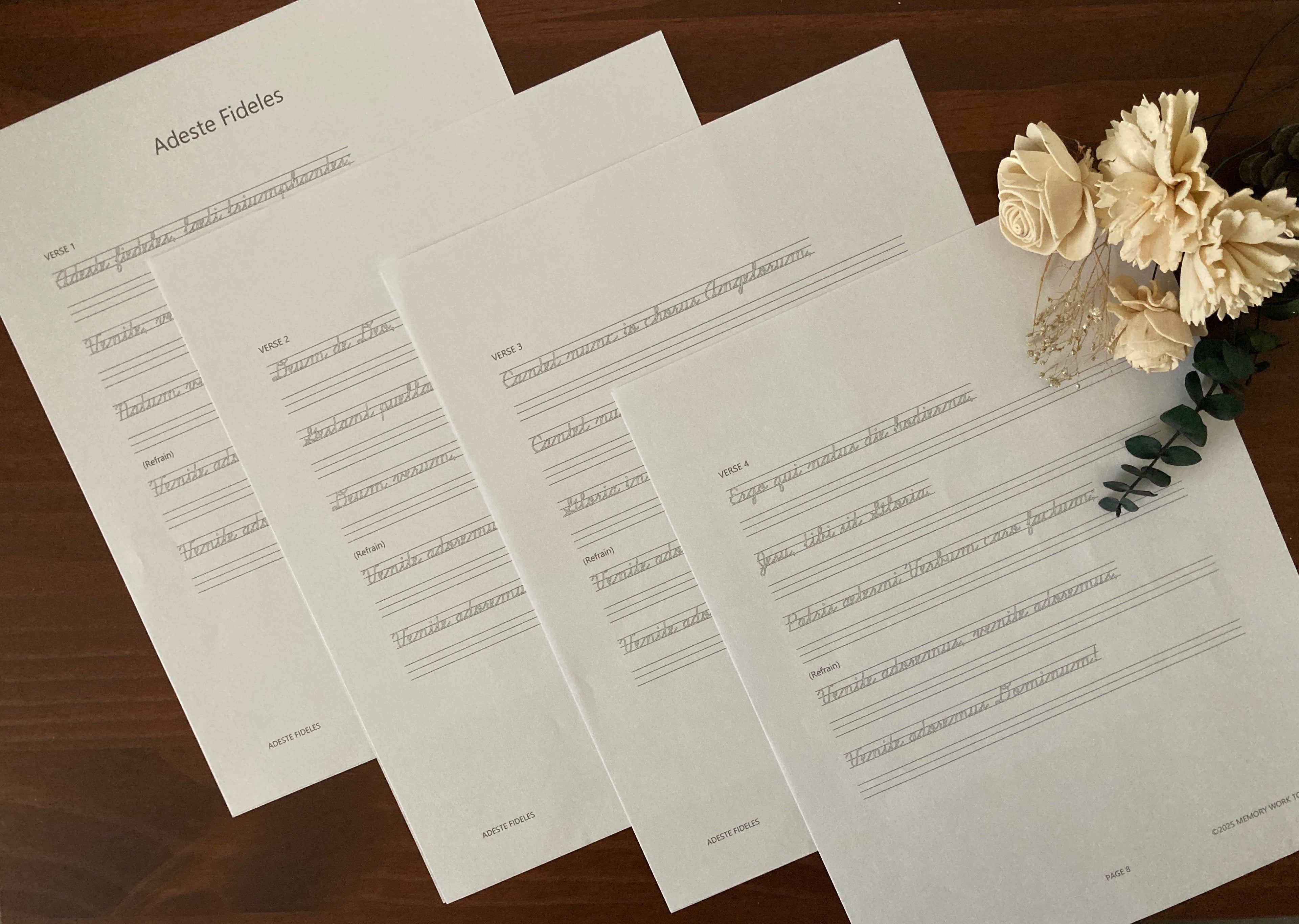 Cursive copy work with tracing printed black and white for Latin hymn Adeste Fideles 