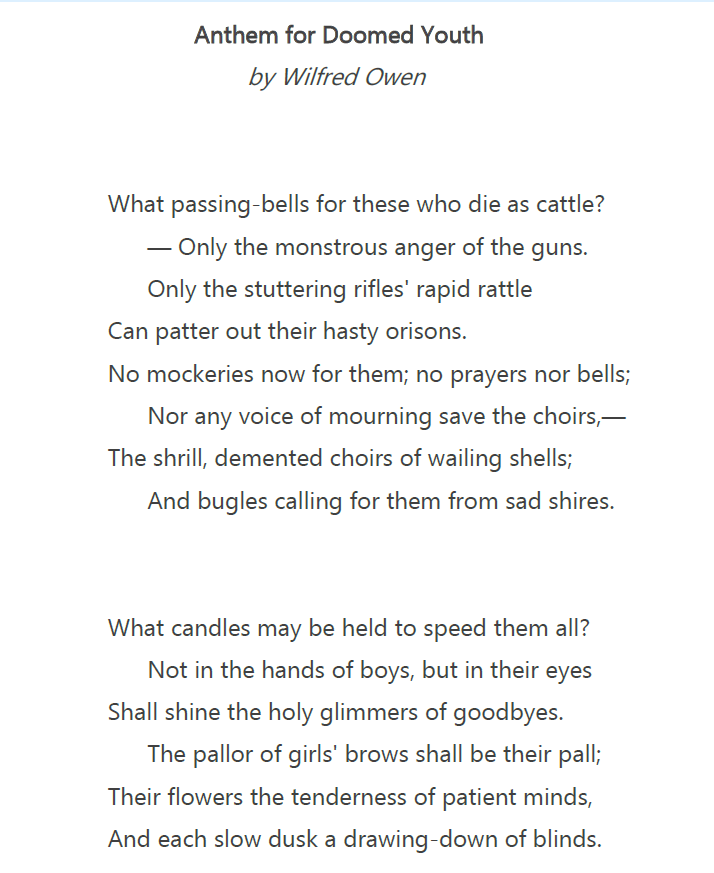 Poetry - Anthem for Doomed Youth by Wilfred Owen