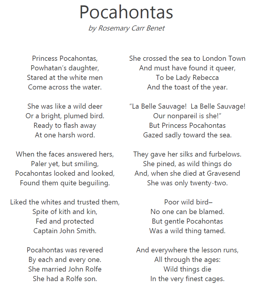 Poetry - Pocahontas by Rosemary Carr Benet