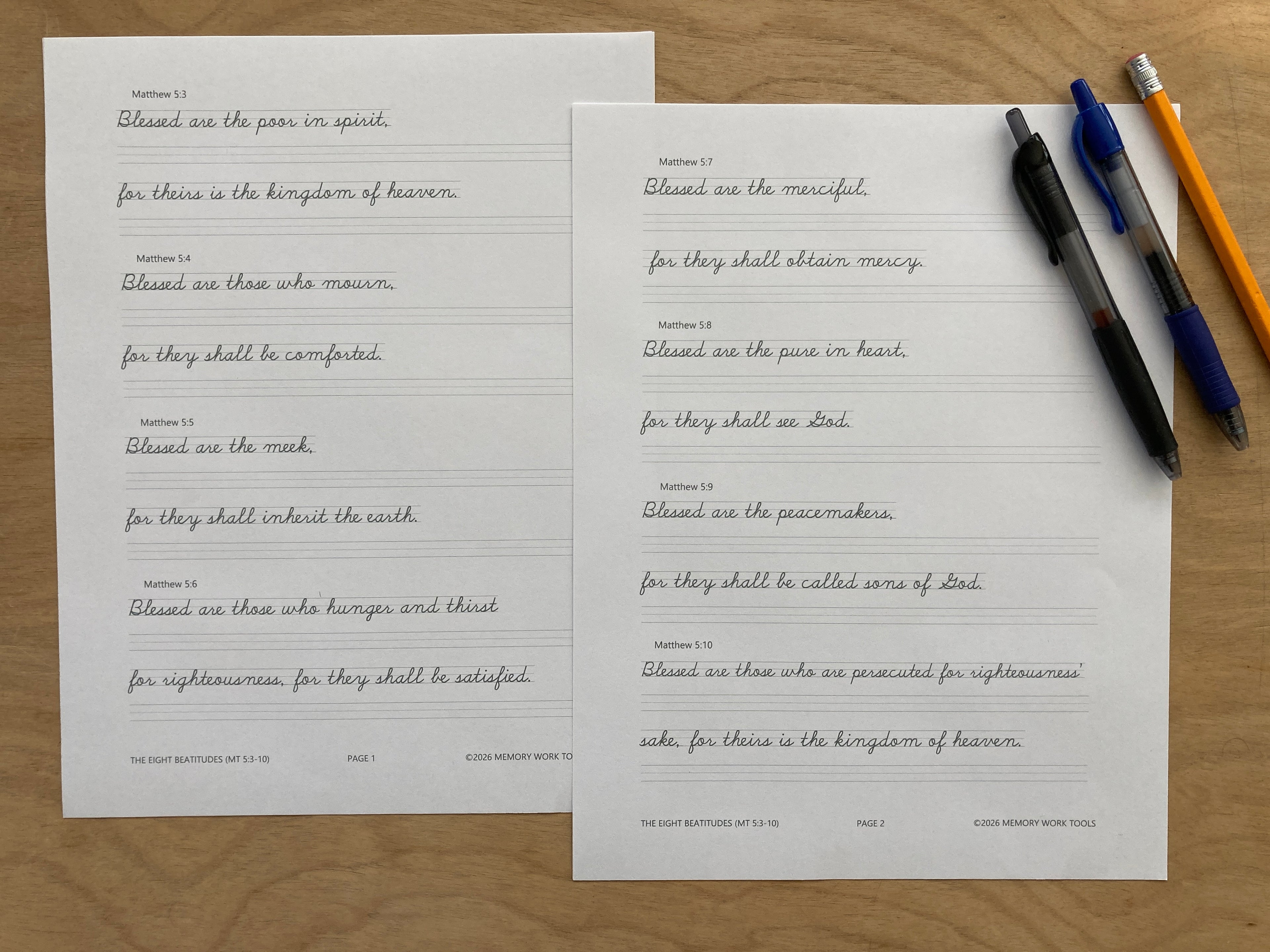 Scripture Memory - Eight Beatitudes - Cursive Copywork