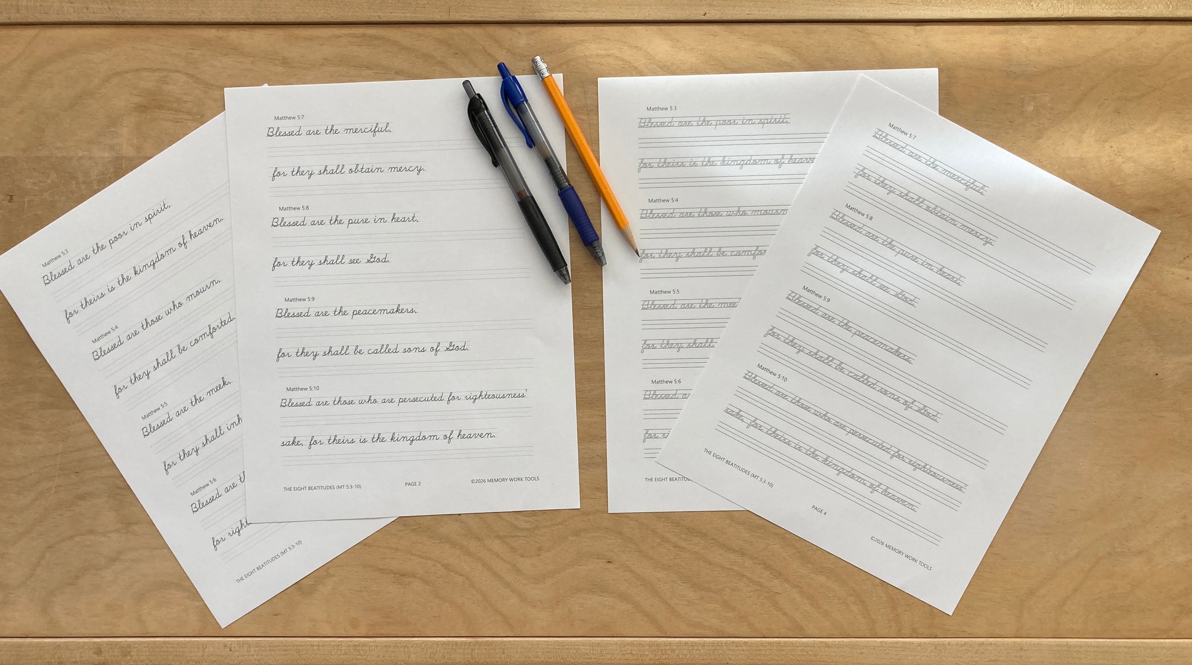 Scripture Memory - Eight Beatitudes - Cursive Copywork