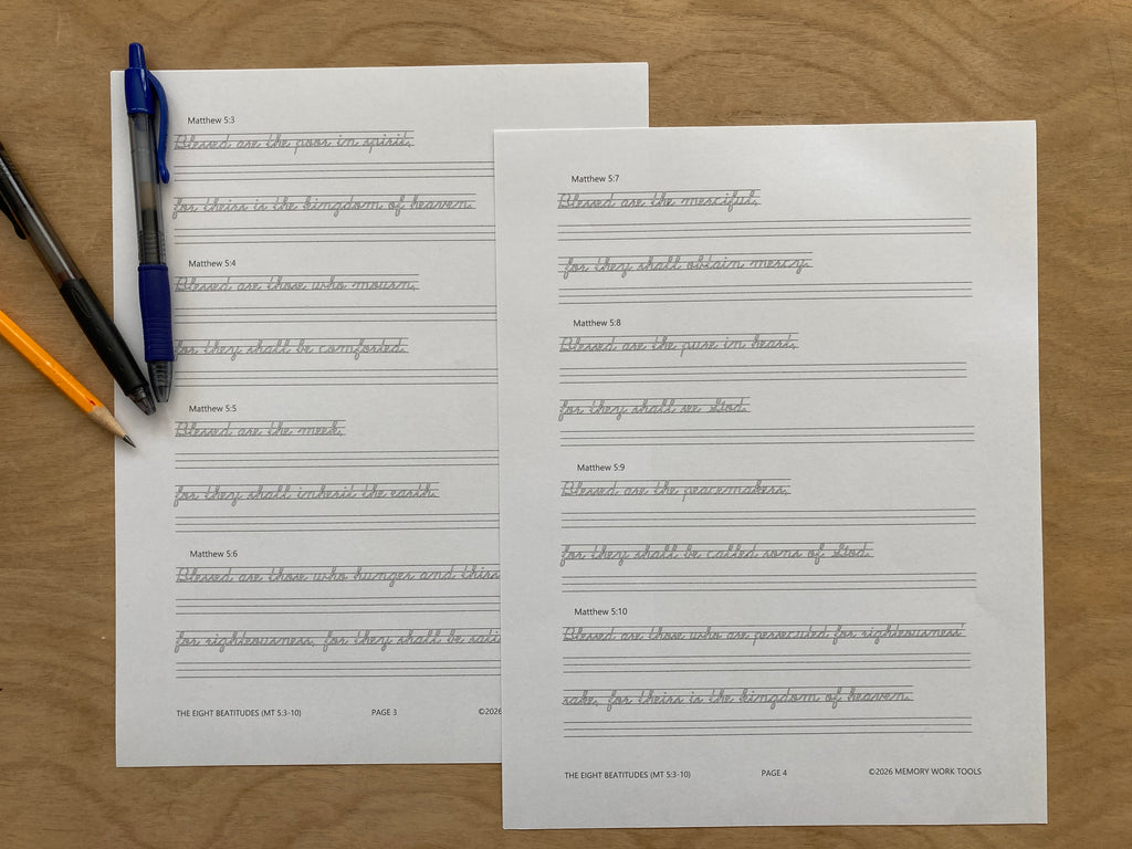 Scripture Memory - Eight Beatitudes - Cursive Copywork