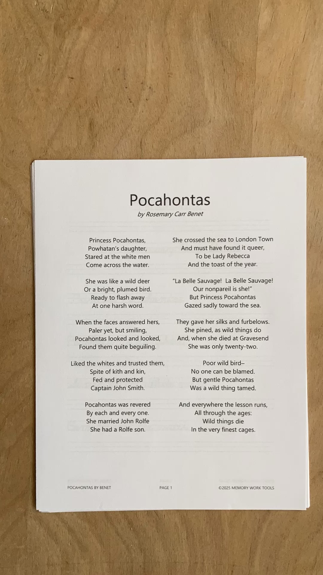 Poetry - Pocahontas by Rosemary Carr Benet